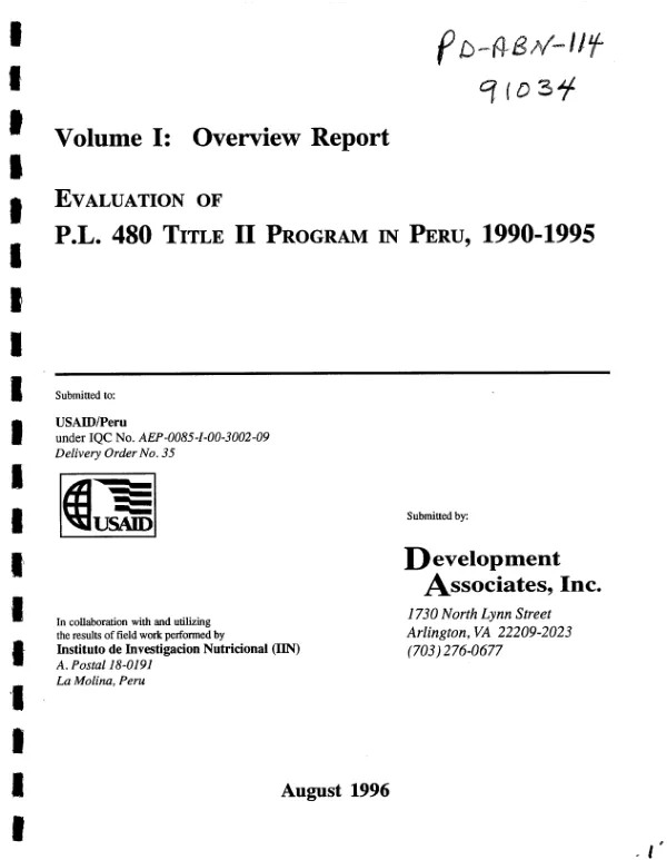 Volume I : overview report -- evaluation of PL 480 Title II program in Peru, 1990-1995