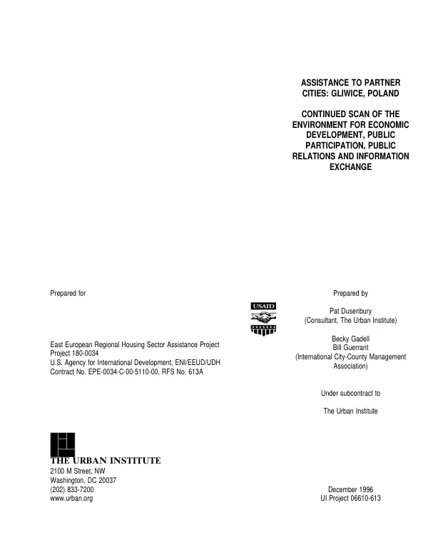 Assistance to partner cities : Gliwice, Poland -- continued scan of the environment for economic development, public participation, public relations and information exchange