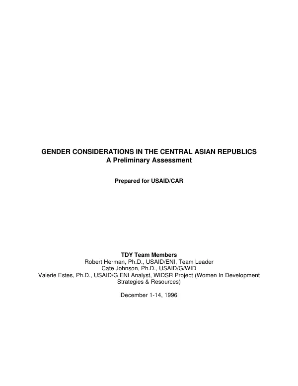 Gender considerations in the Central Asian Republics : a preliminary assessment