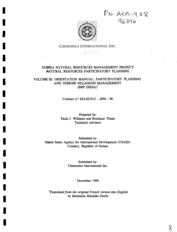 Guinea natural resources management project : natural resources participatory planning -- volume III : orientation manual -- participatory planning and terroir villageois management (BRP DISSA)