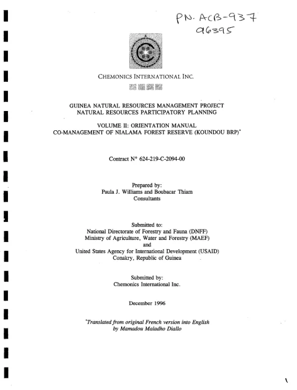 Guinea natural resources management project : natural resources participatory planning -- volume II : orientation manual -- co-management of Nialama forest reserve (Koundou BRP)
