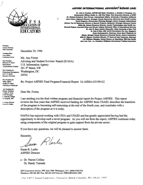 Project ASPIRE [APEC student professional integration and reentry] : final program/financial report -- IA-ASMA-G3190142