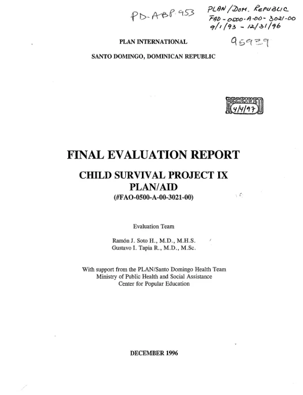 Final evaluation report : child survival project IX -- PLAN/AID (FAO-0500-A-00-3021-00)