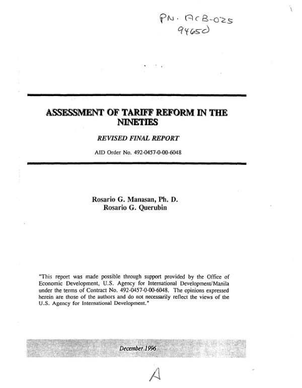 Assessment of tariff reform in the nineties : revised final report