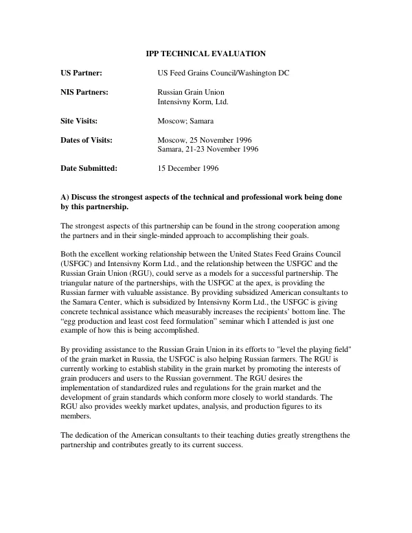 IPP [institutional partnership project] technical evaluation [report of the partnership between the US Feed Grains Council/Washington, DC and the Russian Grain Union and Intensivny Korm, Ltd.]