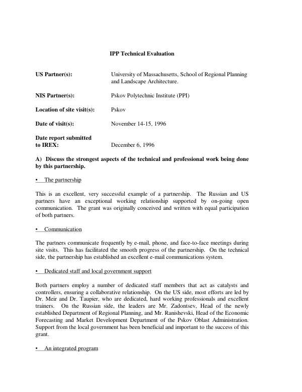 IPP [institutional partnership project] technical evaluation [report of the partnership between the University of Massachusetts, School of Regional Planning and Landscape Architecture and Paskov Polytechnic Institute (PPI)]