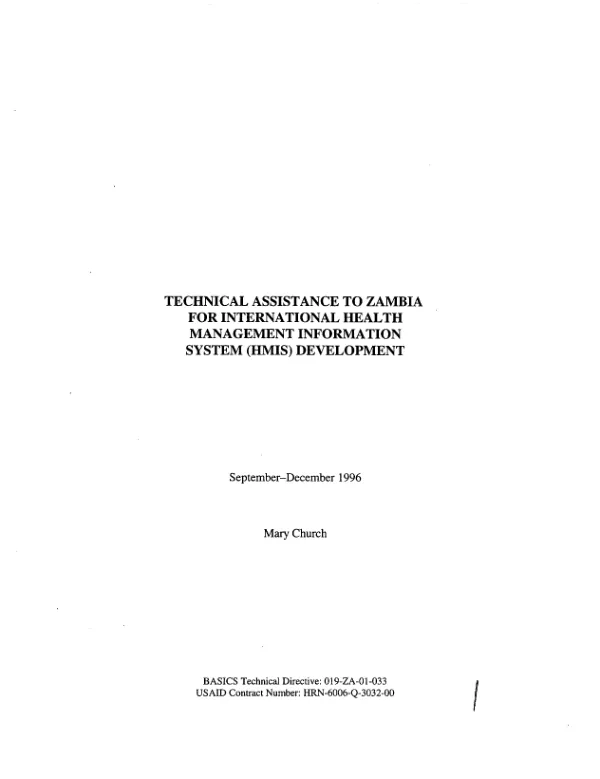 Technical assistance to Zambia for international health management information system (HMIS) development -- September-December 1996