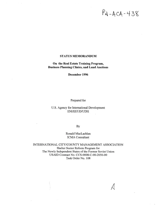Status memorandum on the real estate training program, business planning clinics, and land auctions