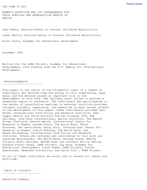 Time to act : women"s nutrition and its consequences for child survival and reproductive health in Africa = Moment d"agir : nutrition de la femme et ses consequences pour la survie de l"enfant et la sante reproductive en Afrique