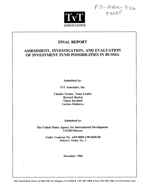 Final report : assessment, investigation, and evaluation of investment fund possibilities in Russia