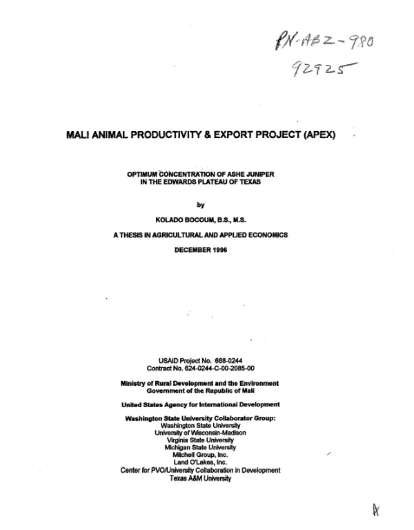 Mali animal productivity and export project (APEX) : optimum concentration of Ashe juniper in the Edwards Plateau of Texas