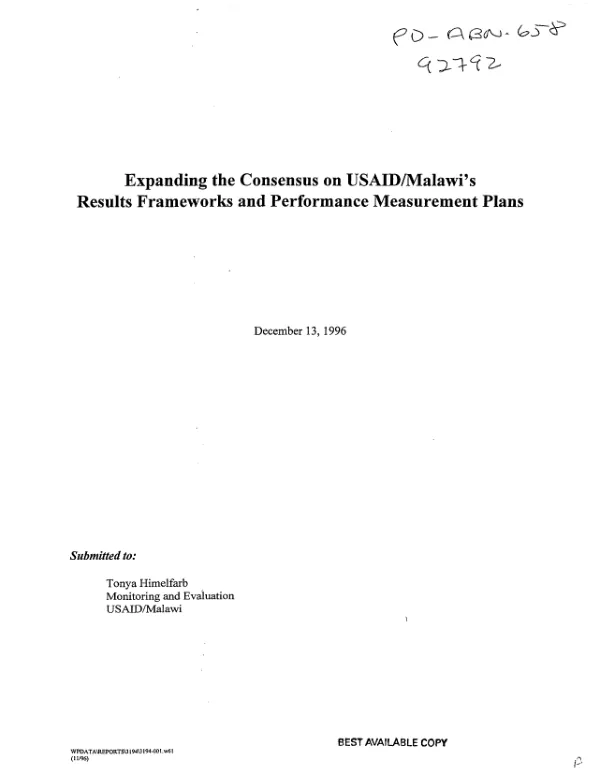 Expanding the consensus on USAID/Malawi"s results frameworks and performance measurement plans