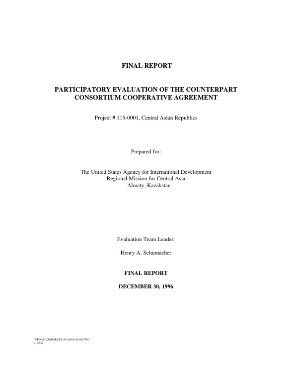 Final report : participatory evaluation of the Counterpart Consortium cooperative agreement -- project 115-0001, Central Asian Republics