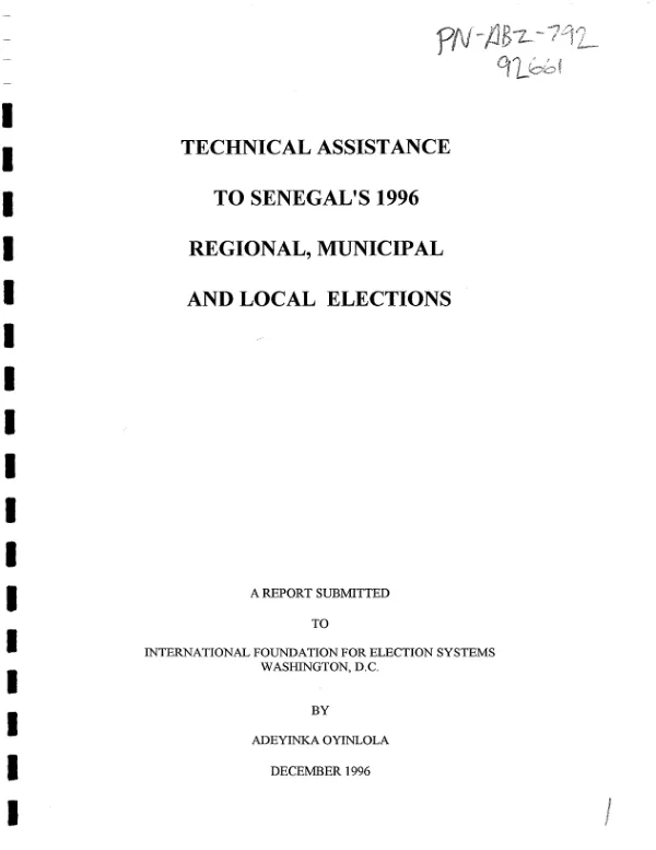 Technical assistance to Senegal"s 1996 regional, municipal and local elections = Assistance technique relative aux elections regionales, municipales et locales de 1996 au Senegal