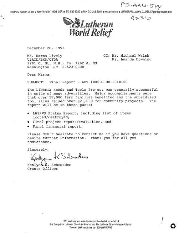 Lutheran World Relief : final report -- AOT-1005-G-00-6018-00 : Liberia seeds and tools project