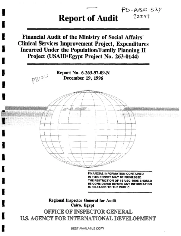 Report of audit : financial audit of the Ministry of Social Affairs" clinical services improvement project, expenditures incurred under the population/family planning II project (USAID/Egypt project no. 263-0144)