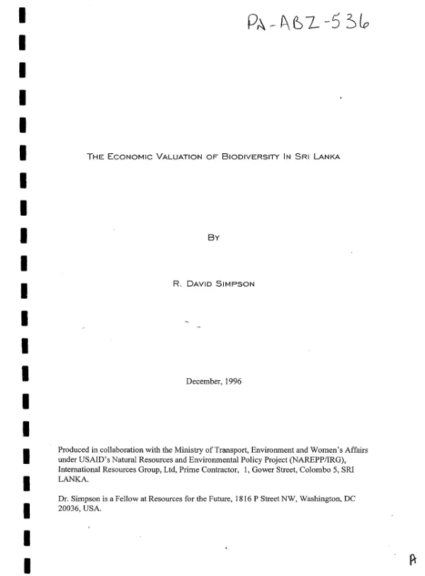 Economic valuation of biodiversity in Sri Lanka