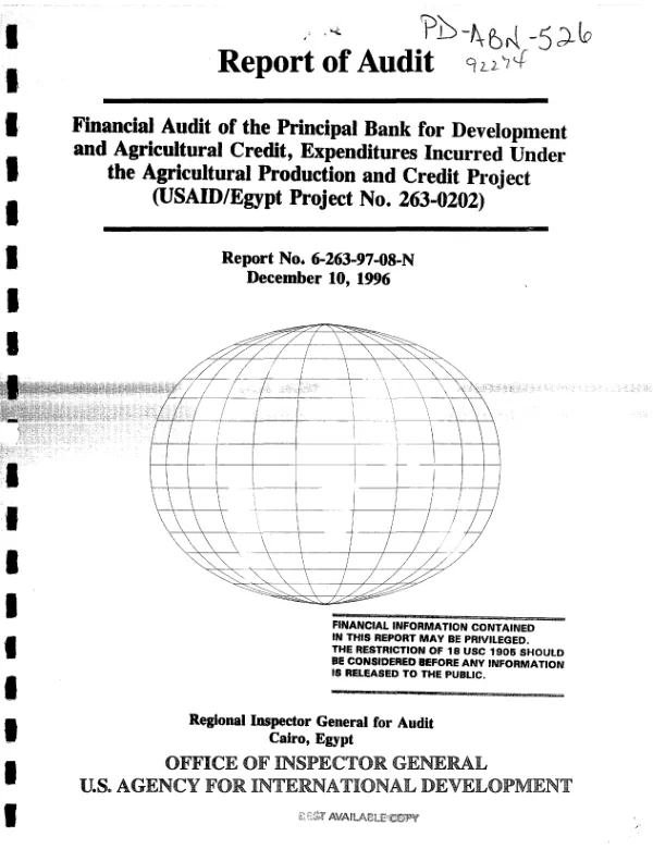 Financial audit of the Principal Bank for Development and Agricultural Credit, expenditures incurred under the agricultural production and credit project (USAID/Egypt project no. 263-0202)
