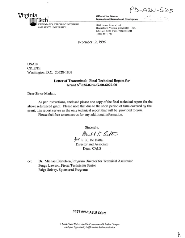 Final technical report : grant no. 624-0256-G-00-6027-00 -- support to NRM [natural resources management] interCRSP activities in the West Africa sub-region