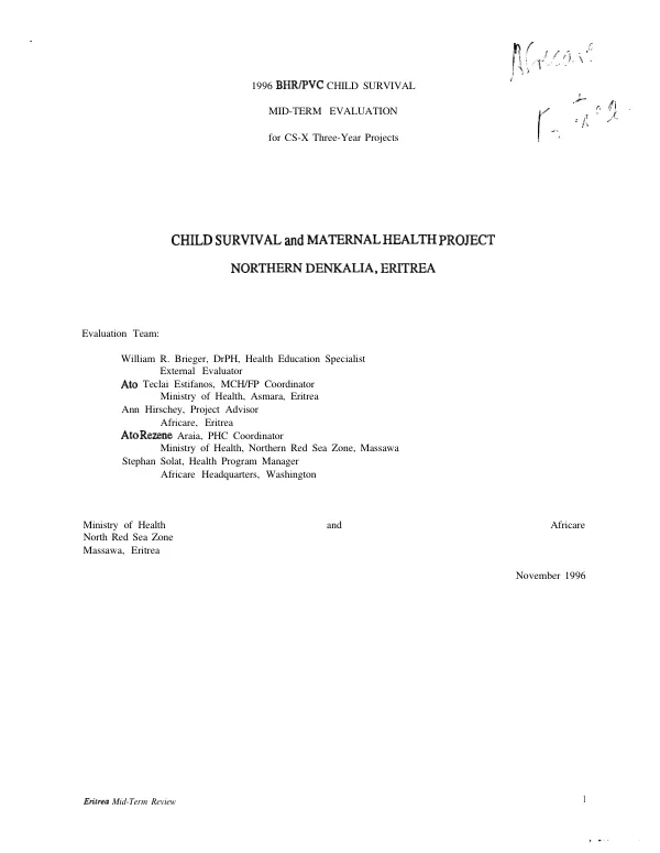 1996 BHR/PVC child survival mid-term evaluation for CS-X three-year projects : child survival and maternal health project, Northern Denkalia, Eritrea