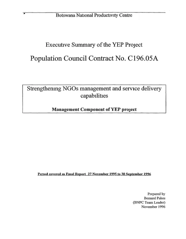 Executive summary of the YEP [youth empowerment project] project : Population Council contract no. C196.05A -- strengthening NGOs [i.e. NGOs"] management component of the YEP project -- 27 November 1995 to 30 September 1996
