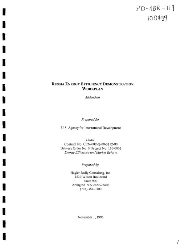 Russia energy efficiency demonstration : workplan -- addendum