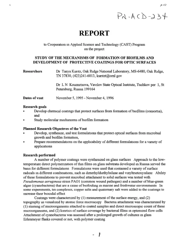 Report to cooperation in applied science and technology (CAST) program on the project : study of the mechanisms of formation of biofilms and development of protective coatings for optic surfaces