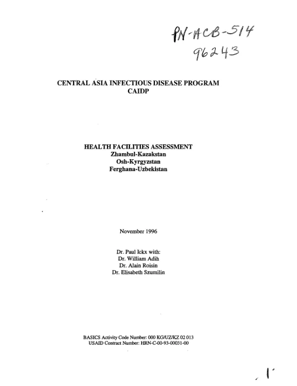 Central Asia infectious disease program (CAIDP) : health facilities assessment -- Zhambul-Kazakstan, Osh-Kyrgyzstan, Ferghana-Uzbekistan