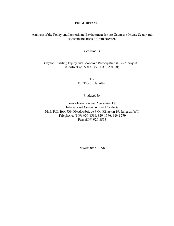 Final report : analysis of the policy and institutional environment for the Guyanese private sector and recommendations for enhancement (volume 1)