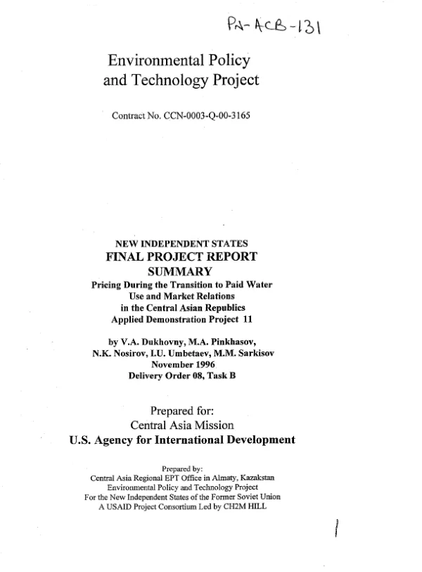 Pricing during the transition to paid water use and market relations in the Central Asian Republics : applied demonstration project 11