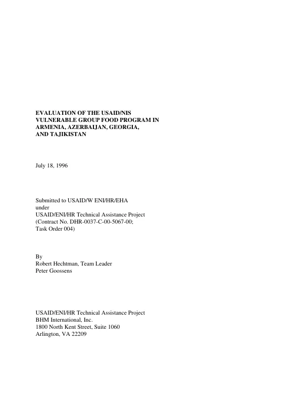 Evaluation of the USAID/NIS vulnerable group food program in Armenia, Azerbaijan, Georgia, and Tajikistan
