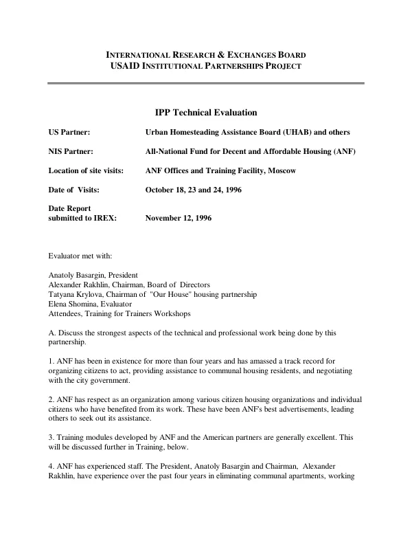 IPP [institutional partnership project] technical evaluation [report of the partnership between the Urban Homesteading Assistance Board (UHAB) and others and All-National Fund for Decent and Affordable Housing (ANF)]