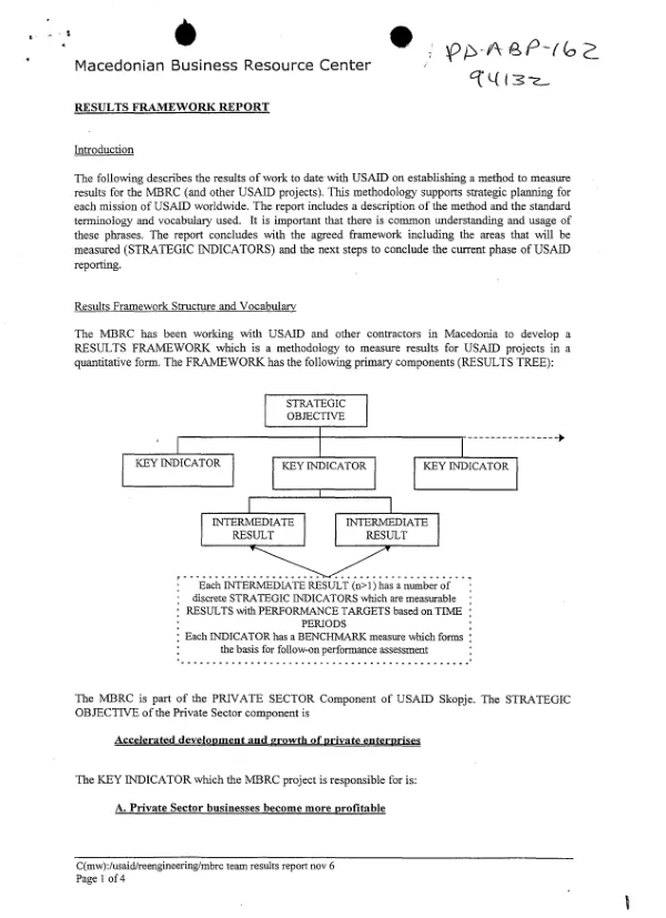 Macedonian Business Resource Center [MBRC] : results framework report