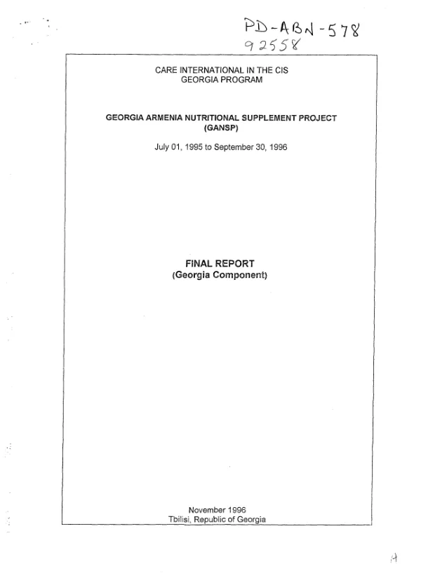 Georgia Armenia nutritional supplement project (GANSP) -- July 01, 1995 to September 30, 1996 : final report (Georgia component)