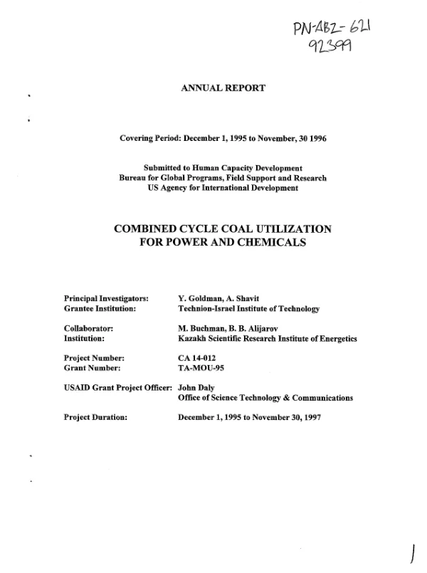 Annual report covering period December 1, 1995 to November 30, 1996 : combined cycle coal utilization for power and chemicals