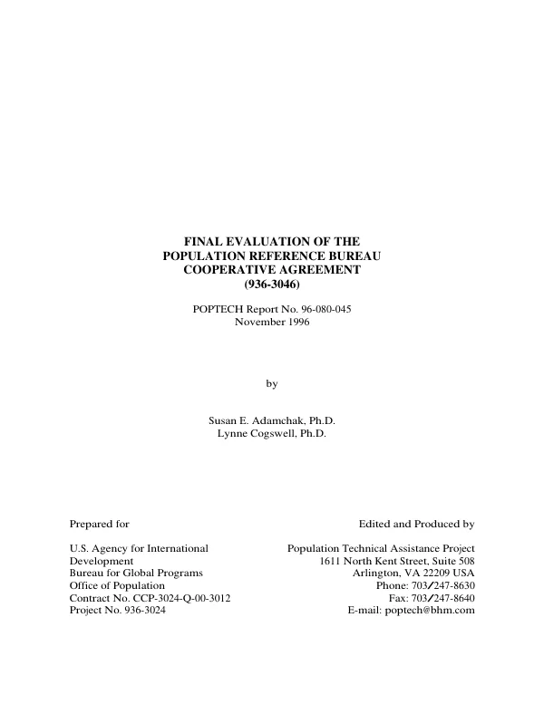 Final evaluation of the Population Reference Bureau cooperative agreement (936-3046) CCN-0007-G-01-3169-00