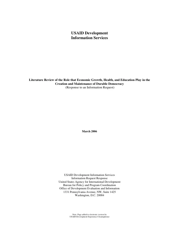Literature review of the role that economic growth, health, and education play in the creation and maintenance of durable democracy