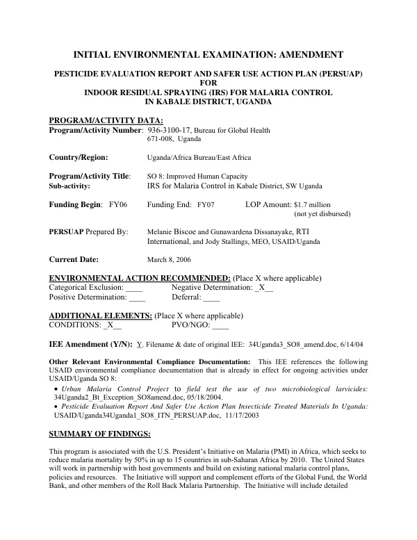 Pesticide evaluation report and safer use action plan (PERSUAP) for indoor residual spraying (IRS) for malaria control in Kabale District, Uganda