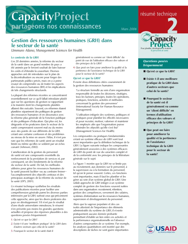 Gestion des ressources humaines (GRH) dans le secteur de la sante