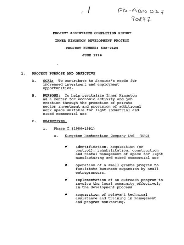 Project assistance completion report : Inner Kingston development project -- project number 532-0120