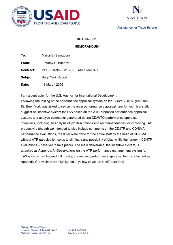 Memorandum : Beryl York report -- incentive system for technical assistance services (TAS)