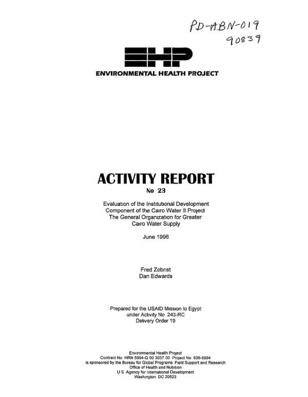 Evaluation of the institutional development component of the Cairo water II project : the General Organization for Greater Cairo Water Supply