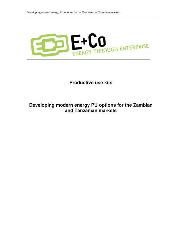 Productive use kits : developing modern energy PU options for the Zambian and Tanzanian markets