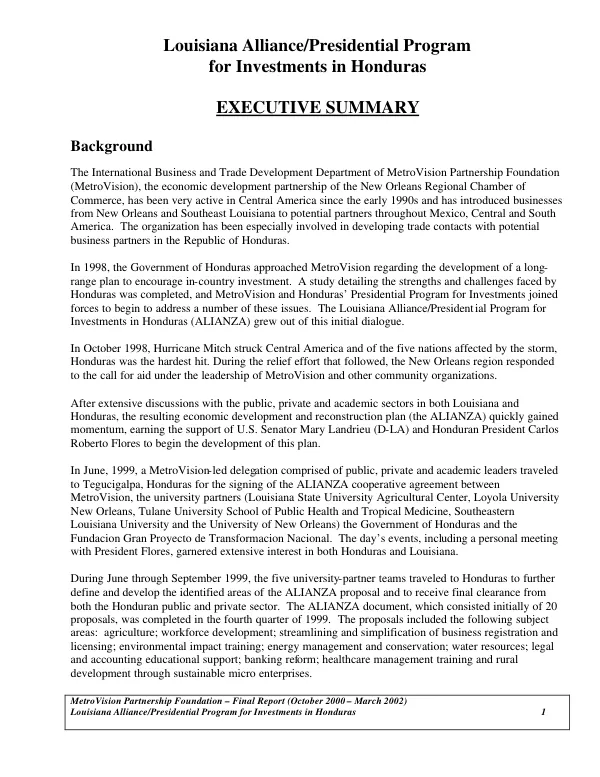 Louisiana Alliance/Presidential Program for Investments in Honduras[, ALIANZA : final report] executive summary