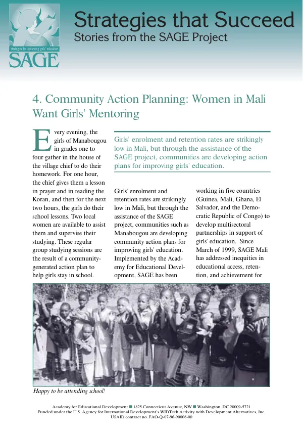 Community action planning : women in Mali want girls" mentoring