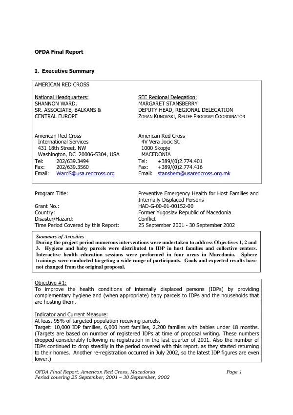 OFDA final report : American Red Cross, Macedonia -- preventive emergency health for host families and internally displaced persons -- grant no. HAD-G-00-01-00152-00 : period covering 25 September 2001-30 September 2002