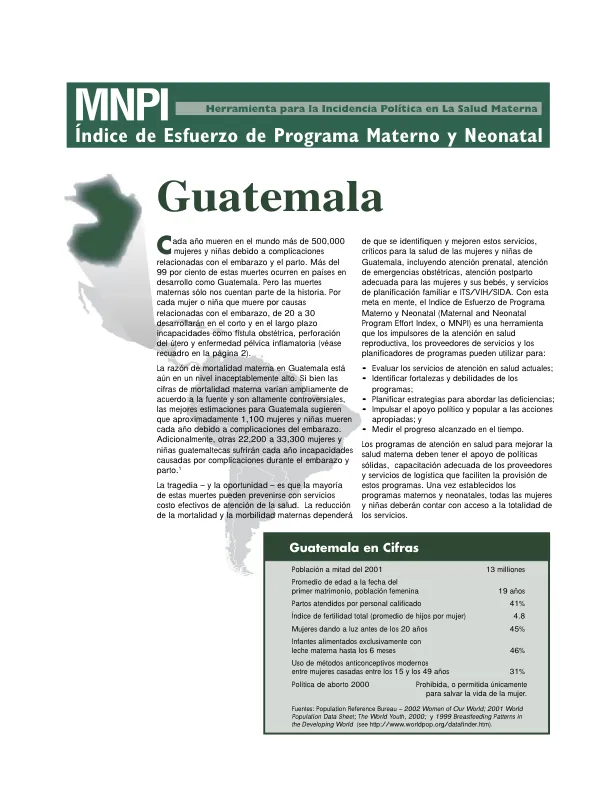 Herramienta para la incidencia politica en la salud materna : MNPI (indice de esfuerzo de programa materno y neonatal) -- Guatemala