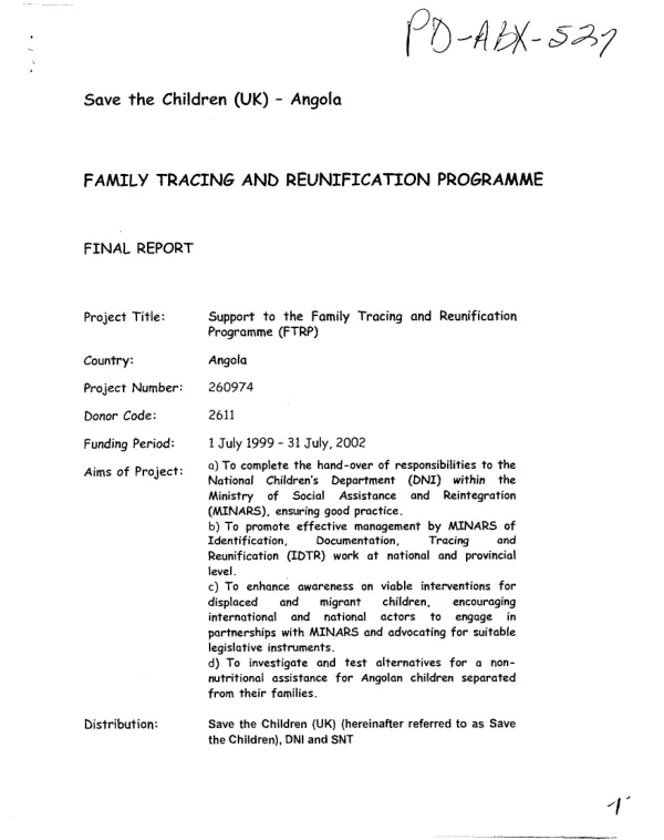 Save the Children (UK) Angola : family tracing and reunification programme[, Angola] -- final report, [1 July 1999-31 July 2002]