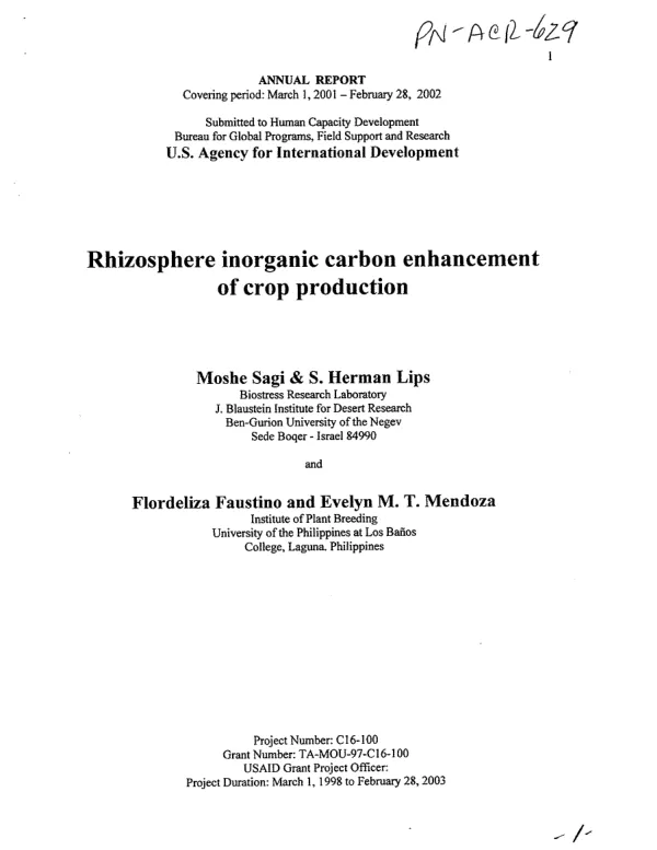Annual report covering period March 1, 2001-February 28, 2002 : rhizosphere inorganic carbon enhancement of crop production
