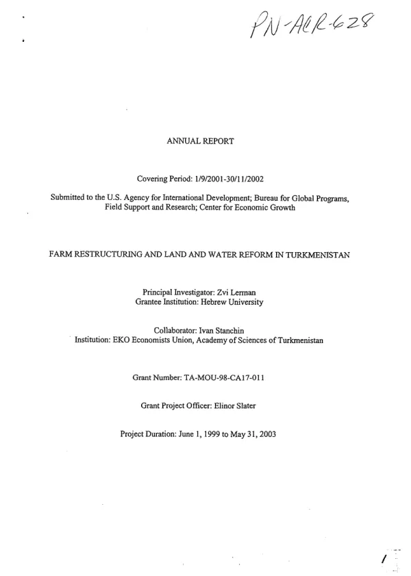 Annual report covering period 1/9/2001-30/11/2002 : farm restructuring and land and water reform in Turkmenistan